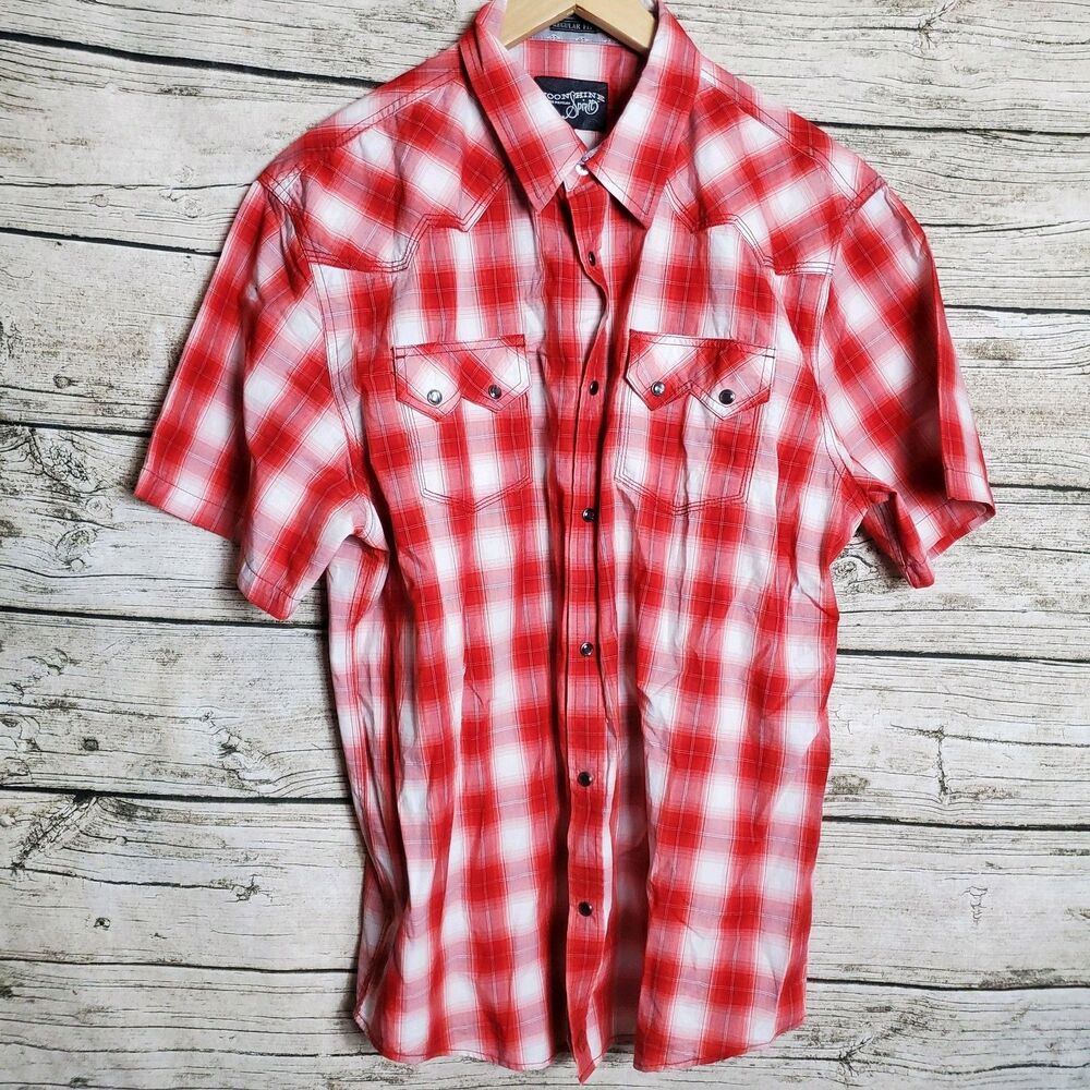 Moon Shine Brad Paisley Mens Short Sleeve Shirt Red And White Plaid Size XL